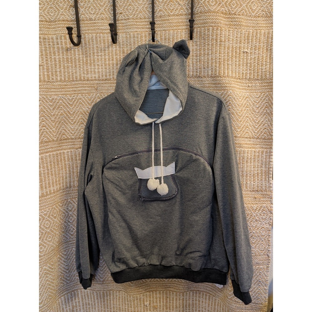 Kangaroo Hoodie Cat Dog Carrier Pocket Pouch Pet Holder Sweatshirts Sz L Gray